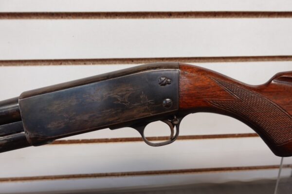 217191-3-__41997.jpg 1949 ITHACA MODEL 37 12 GA 2 3/4" FACTORY ENGRAVED GAME SCENE