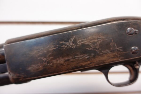 217191-4-__38335.jpg 1949 ITHACA MODEL 37 12 GA 2 3/4" FACTORY ENGRAVED GAME SCENE