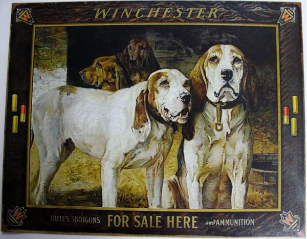 7894__16101.jpg Winchester forsale Here Collectible Tin Sign Coon Dogs Basset Hounds 2176