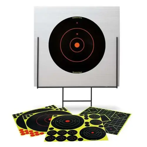 https-images.coreware.com-images-products-23934-14226752__61677.webp Birchwood Casey Shoot-N-C Portable Shooting Range Self-Adhesive Paper w/Steel Stand Bullseye 1 Kit - 46101