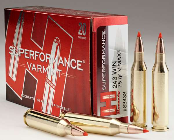 https-images.coreware.com-images-products-30961-14252267__33510.jpg Hornady Superformance Varmint 243 Winchester Ammo 75 Grain Hornady V-Max Polymer Tip - 83433