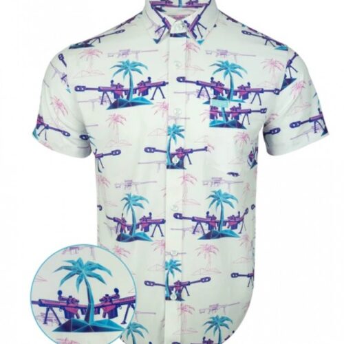 RETRO RIFLE PALM WHITE PURPLE BUTTON DOWN