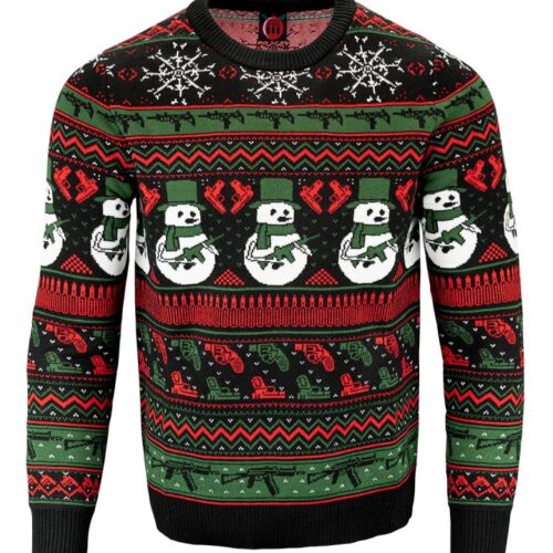 RETRO RIFLE TACTICAL SNOWMAN BLACK RED GREEN WHITE HOLIDAY SWEATER